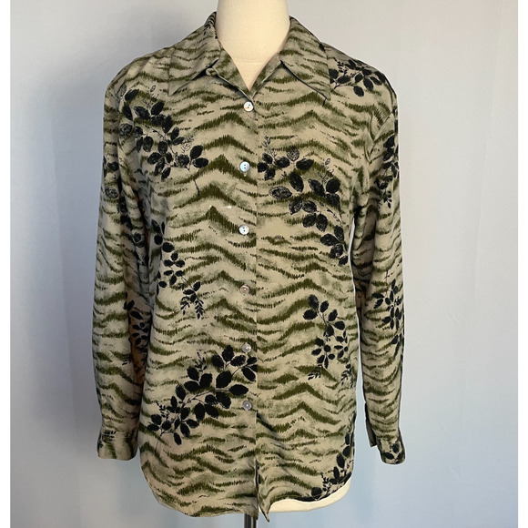 Vintage Blouse Top Size Small Olive Green Boho Leaf Print Long Sleeve Button - Picture 1 of 13
